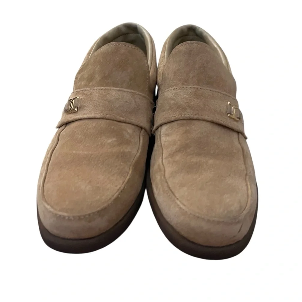 Vintage 70s 80s Montgomery Ward Suede Loafer Dress Shoes Gold Hardware Taupe 9D